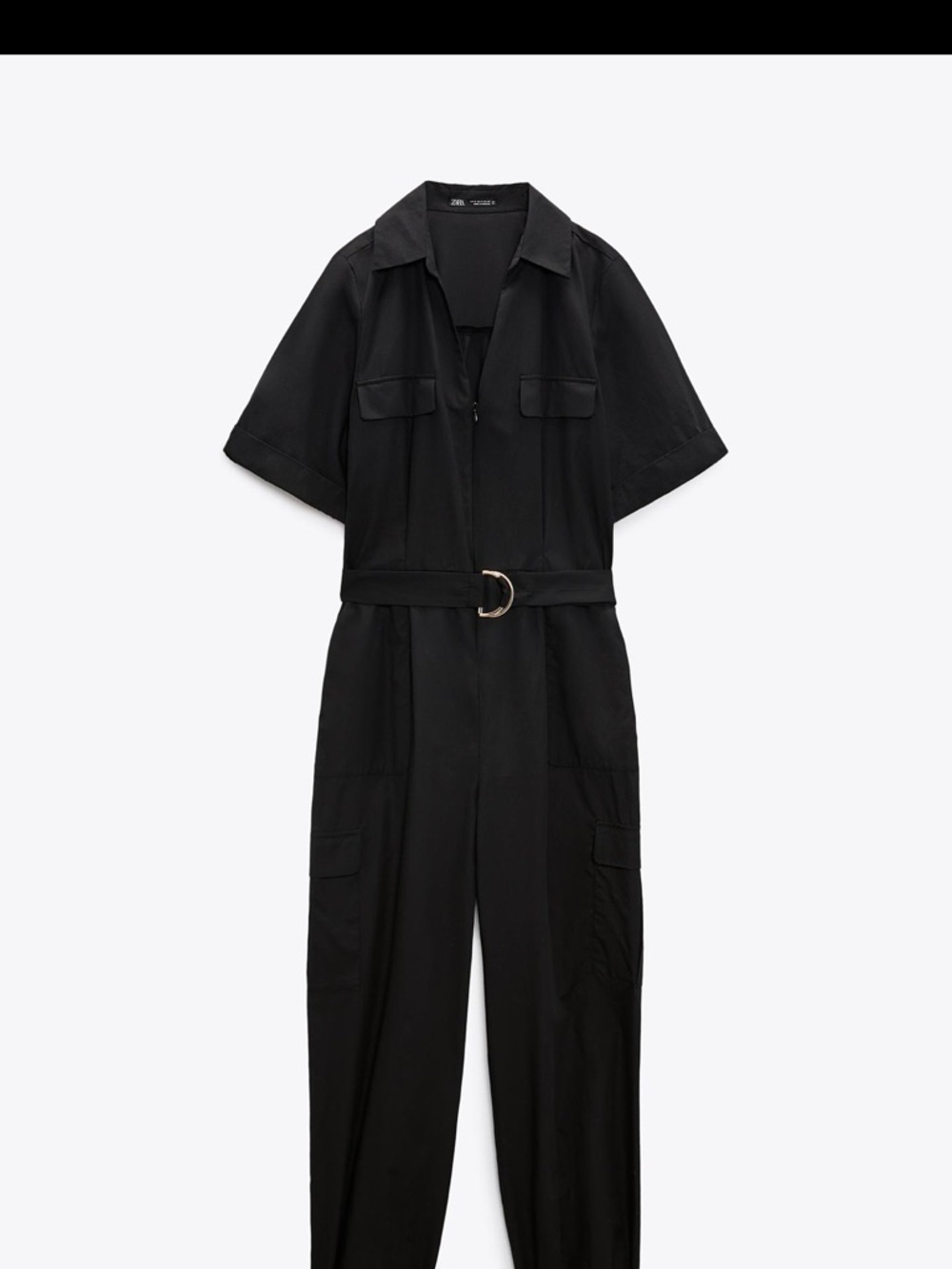 Zara Black Cargo Short-Sleeve Jumpsuit with Belt and belts on  ankles of pants